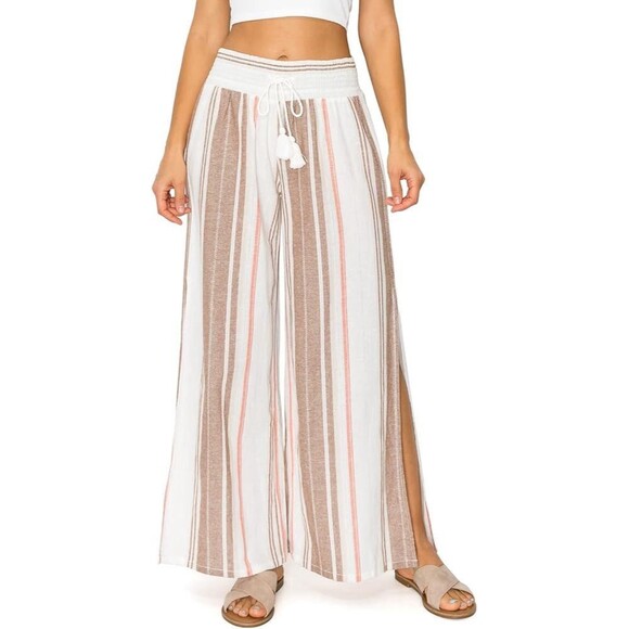 Cali 1850 Linen Cotton Pants Brown Cream Striped Slit Legs‎ Size S Beachy Boho - Picture 3 of 16